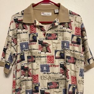Patriotic Print Men's Polo Shirt Size Medium‎ American Summer Collared